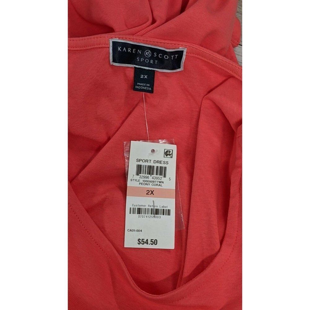 Karen Scott Sport Womens Plus Size 2X Peony Coral Split Hem Casual Dress Stretch
